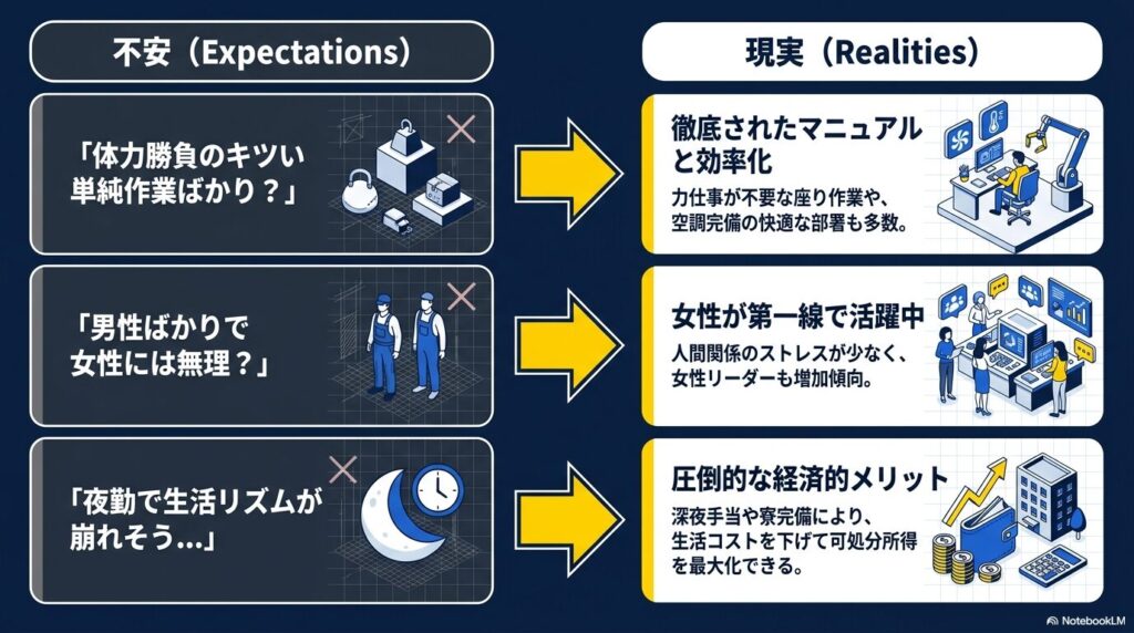 工場勤務に対する不安(体力勝負、女性には無理など)と実際の現実(効率化、女性の活躍など)の比較図