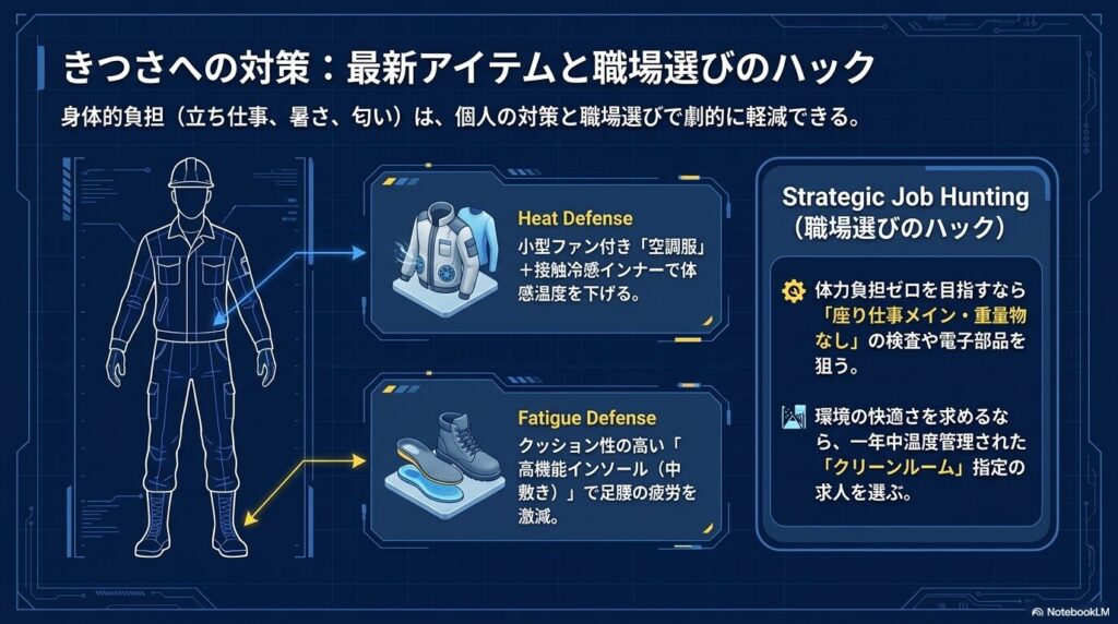 空調服や高機能インソールを活用した、工場勤務の身体的負担を軽減する対策方法