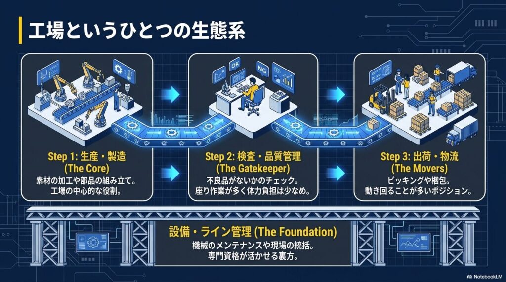 工場の仕事内容を生産・製造、検査・品質管理、出荷・物流、設備・ライン管理の4つの工程に分けた全体図