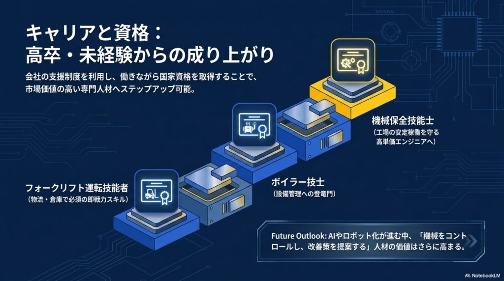 フォークリフト運転技能者やボイラー技士など、工場勤務のキャリアアップに繋がる資格一覧