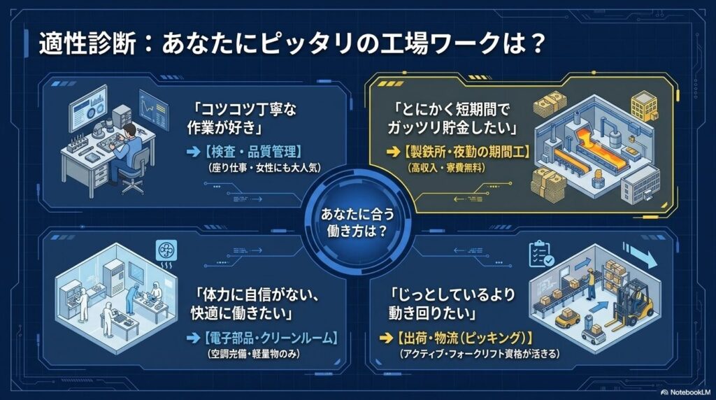 性格や希望する働き方に合わせて最適な工場勤務の職種がわかる適性診断チャート