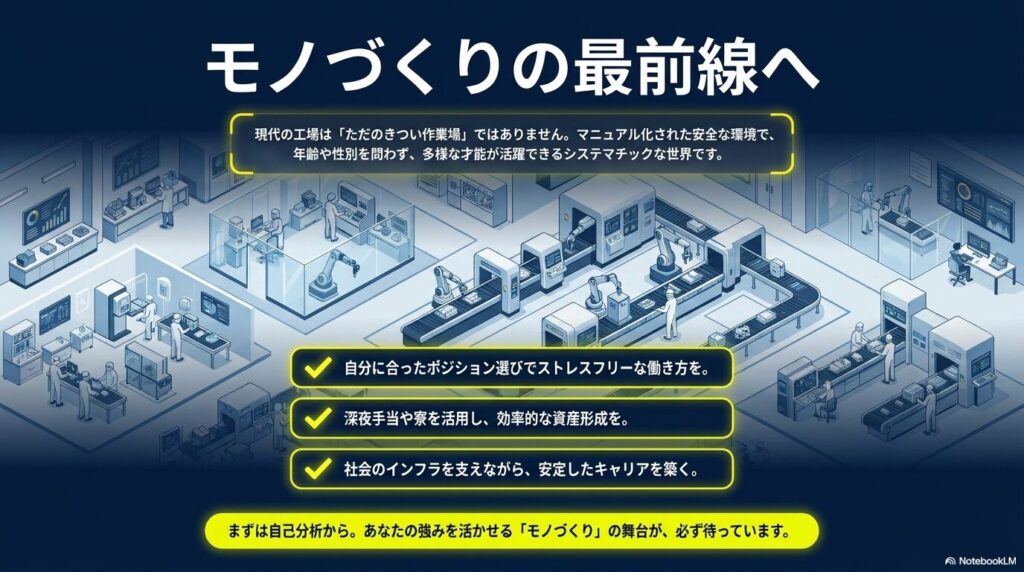 マニュアル化された環境で多様な人材が活躍する現代工場のまとめ図