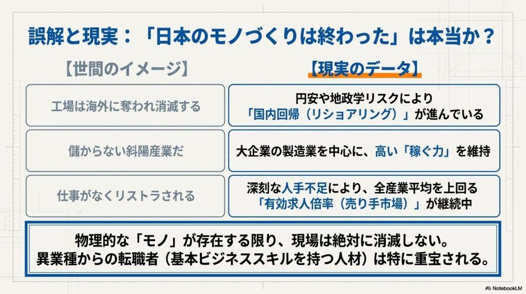 工場は海外に奪われ消滅するなどといった世間のイメージと、国内回帰が進んでいるなどの現実のデータを比較した図解スライド