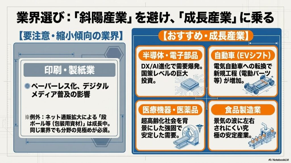 印刷・製紙業などの縮小傾向の業界と、半導体や自動車などの成長産業を比較したスライド