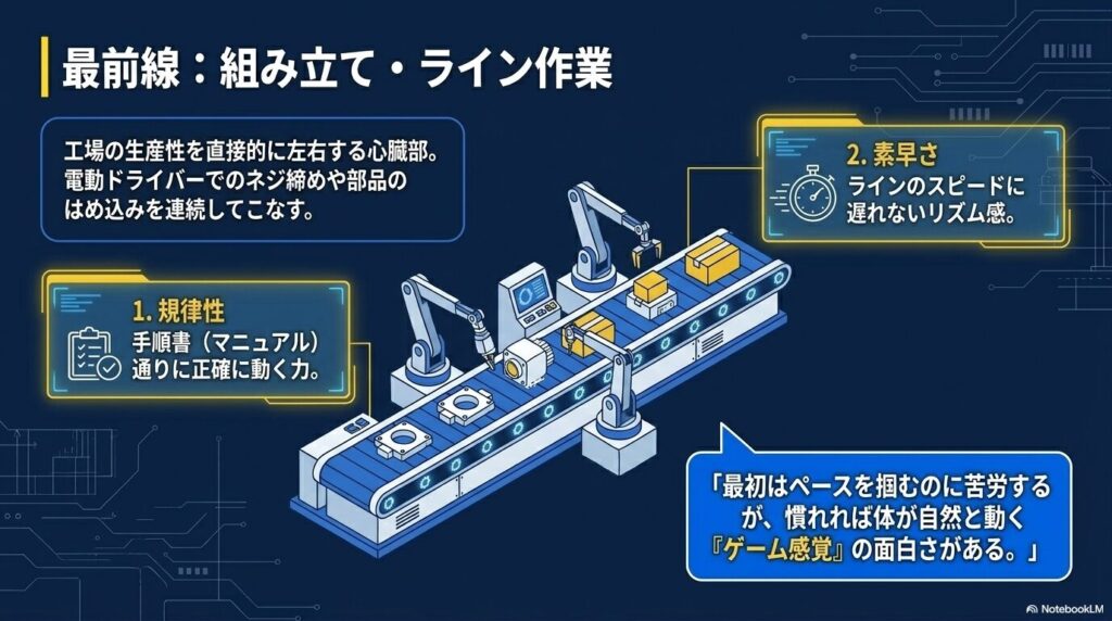 電動ドライバーを使った組み立てやライン作業で求められる規律性と素早さの解説図