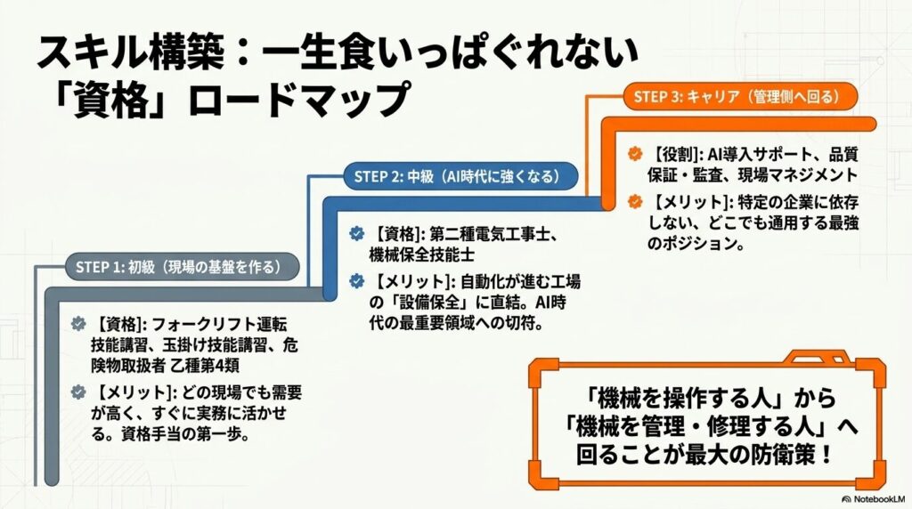 初級のフォークリフトから、中級の電気工事士、キャリア向けの管理職へと進む一生食いっぱぐれない資格のロードマップを図解したスライド