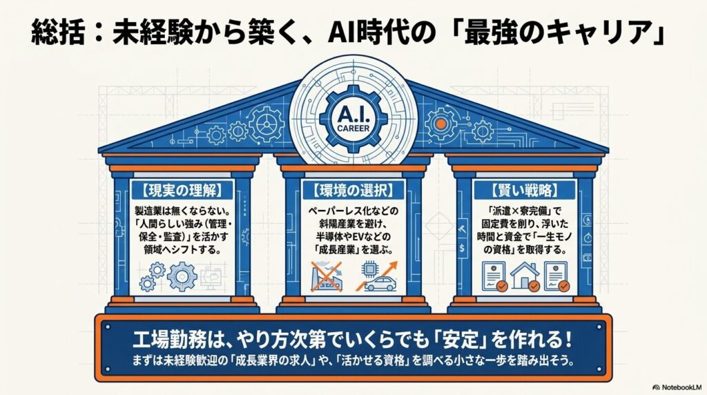 現実の理解、環境の選択、賢い戦略という3つの柱で構成されたAI時代の最強のキャリア構築の全体像を図解したスライド