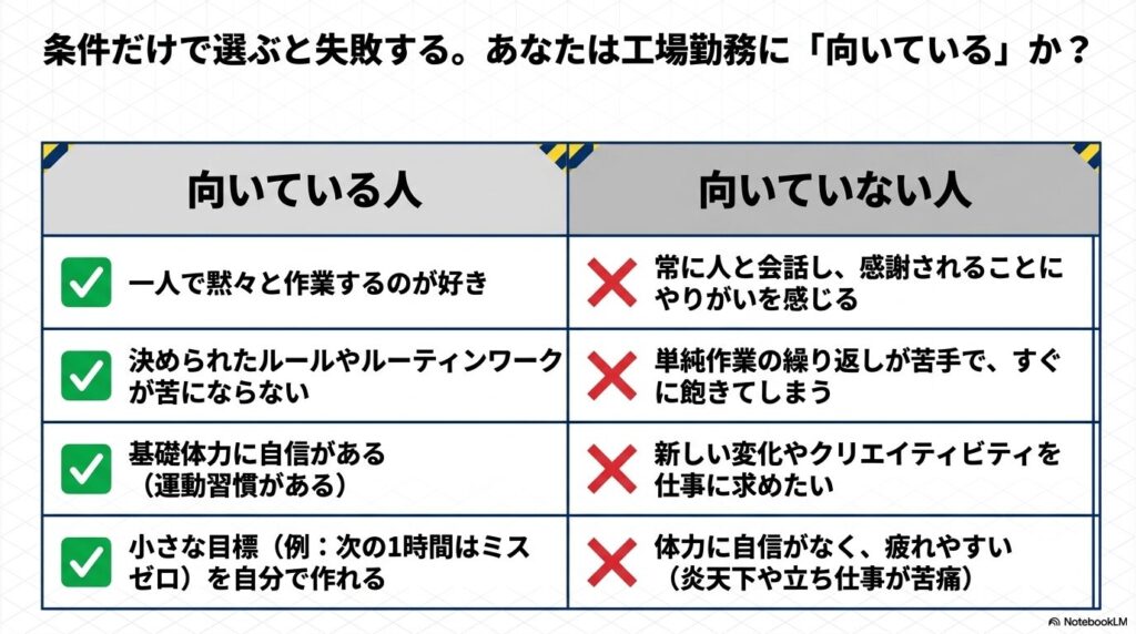 工場勤務に向いている人と向いていない人の特徴を比較した適性診断表