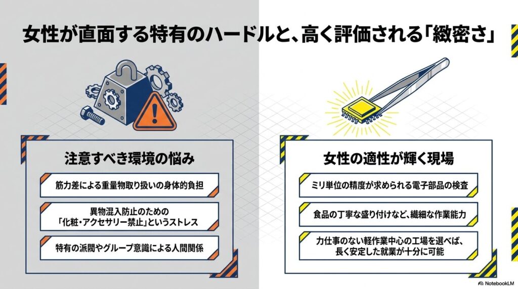 女性が工場で直面しやすい体力差や環境の悩みと、緻密な作業能力が高く評価される適性について