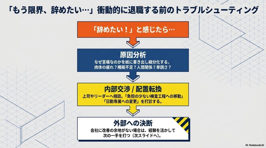 限界で辞めたいと感じた時の原因分析、配置転換の相談、転職という3つのステップを示すフローチャート