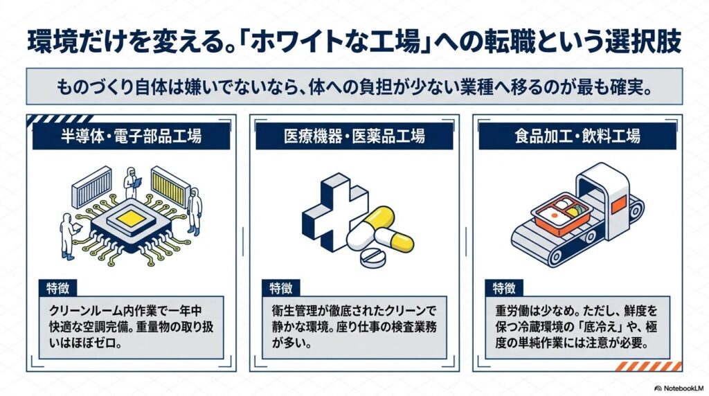 体力的負担が少なく環境が良いホワイト工場としておすすめの半導体・電子部品、医療機器・医薬品、食品加工・飲料工場の特徴