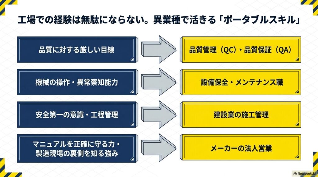 工場勤務の経験が品質管理や設備保全、施工管理、法人営業などの異業種で活きるポータブルスキルの図解