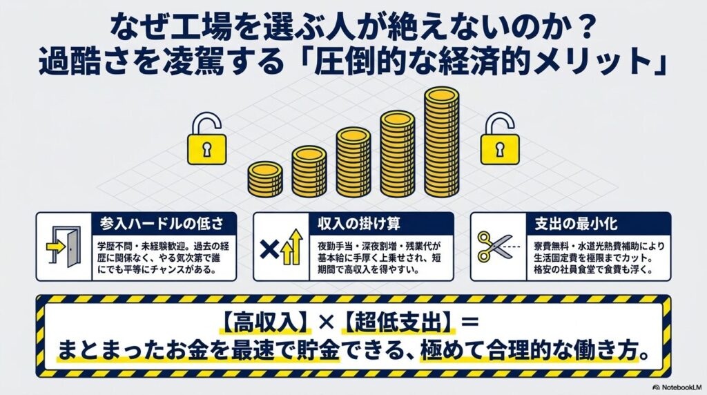 参入ハードルの低さと、高収入と支出の最小化の掛け合わせにより圧倒的に貯金できる工場勤務の経済的メリット
