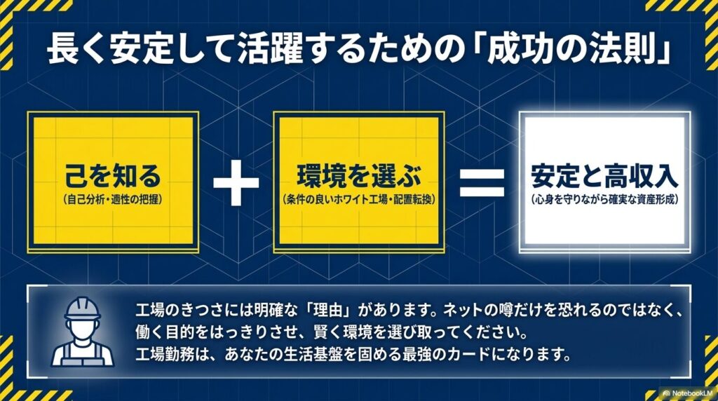 自己分析と環境選びによって、心身を守りながら安定と高収入を得るという工場勤務の成功の法則