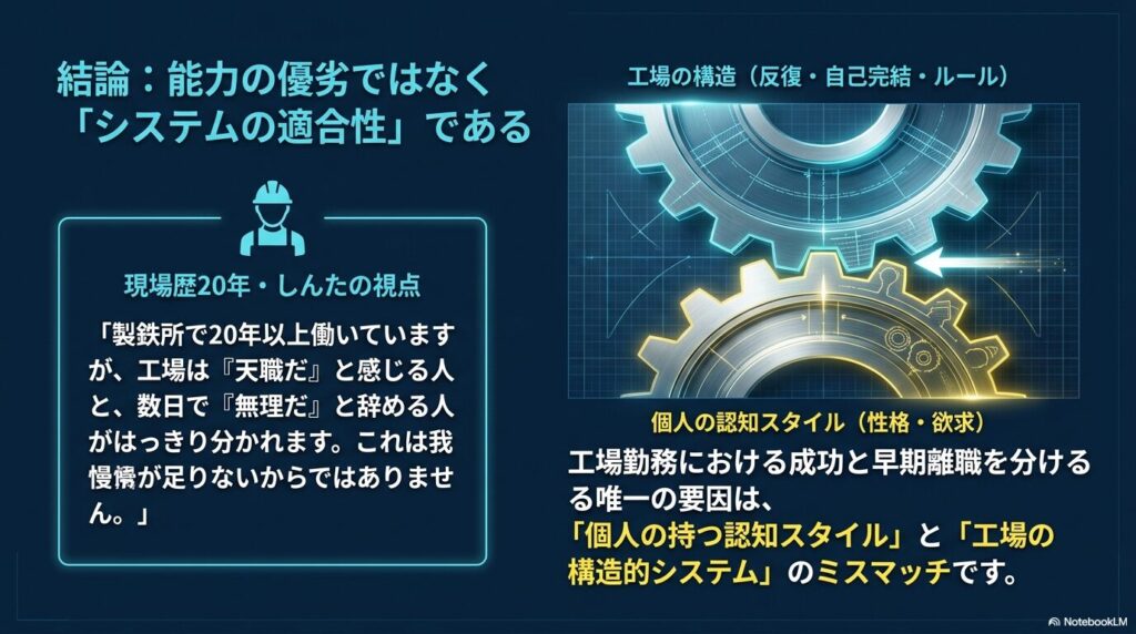 工場勤務の適性は能力の優劣ではなく個人の認知スタイルとシステムの適合性であることの解説図