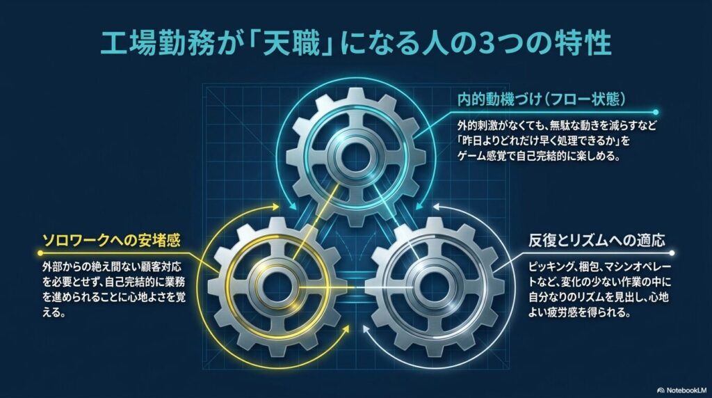 工場勤務が天職になる人の3つの特性(内的動機づけ、ソロワークへの安堵感、反復とリズムへの適応)を示す歯車の図解