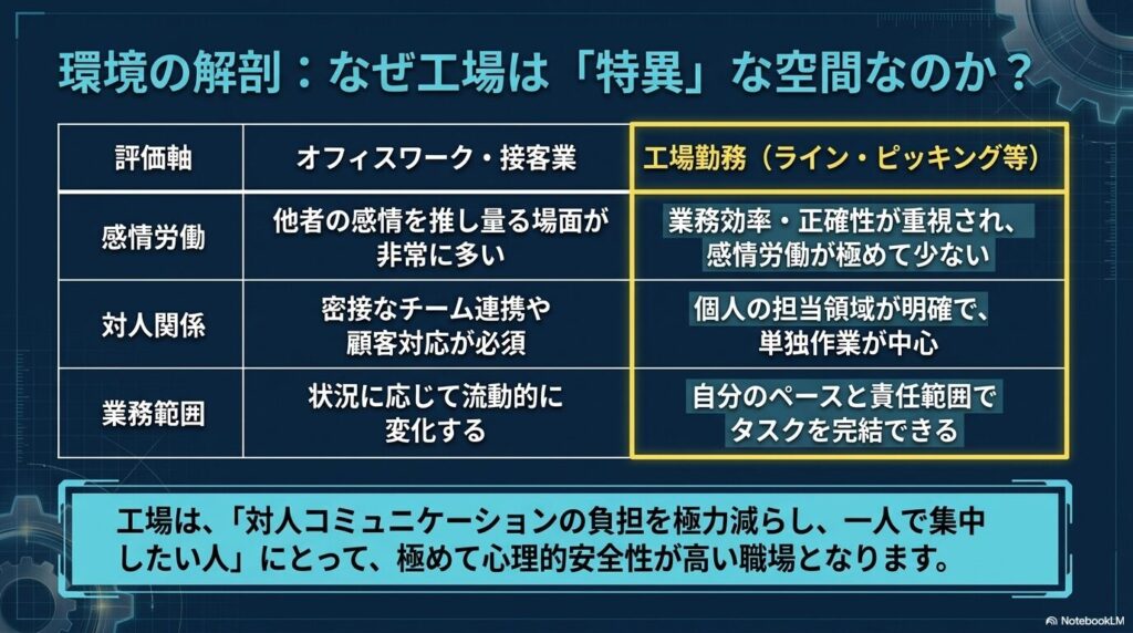 オフィスワークと工場勤務の労働環境の違い(感情労働、対人関係、業務範囲)の比較表