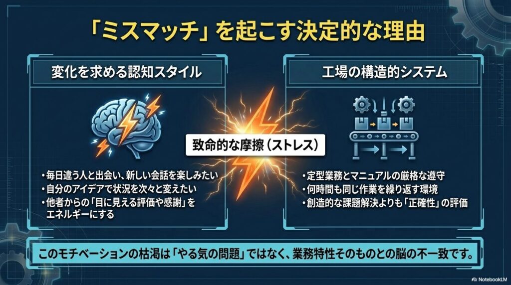 変化を求める認知スタイルと工場の構造的システムによるミスマッチとストレスを図解した脳のイラスト