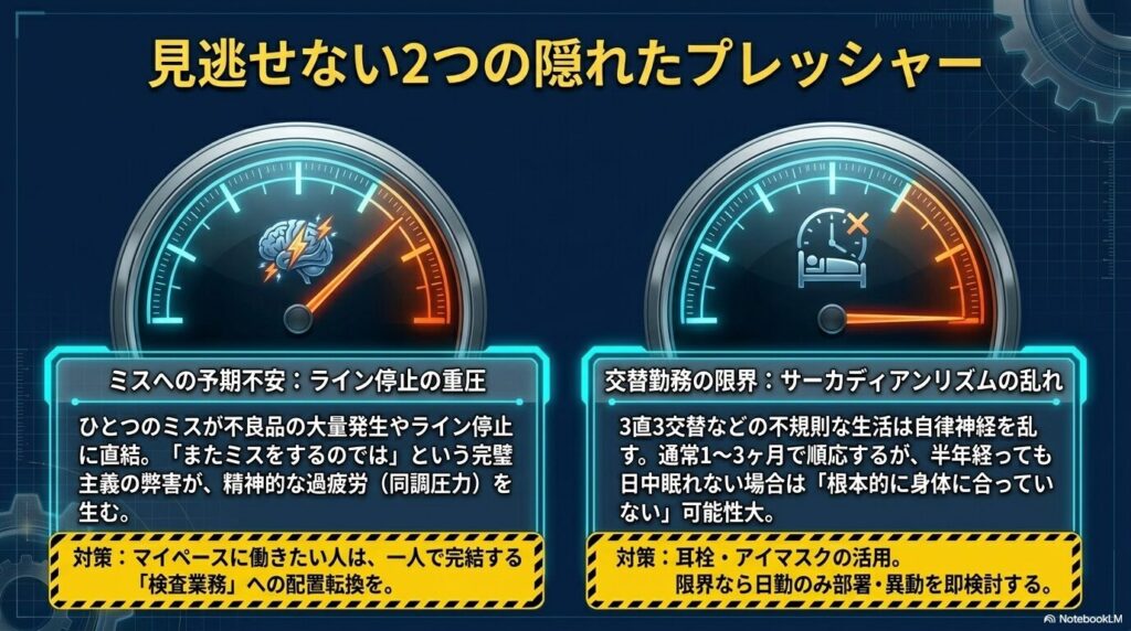 工場勤務で見逃せない2つのプレッシャー(ライン停止の予期不安と交替勤務によるサーカディアンリズムの乱れ)を示すメーター図