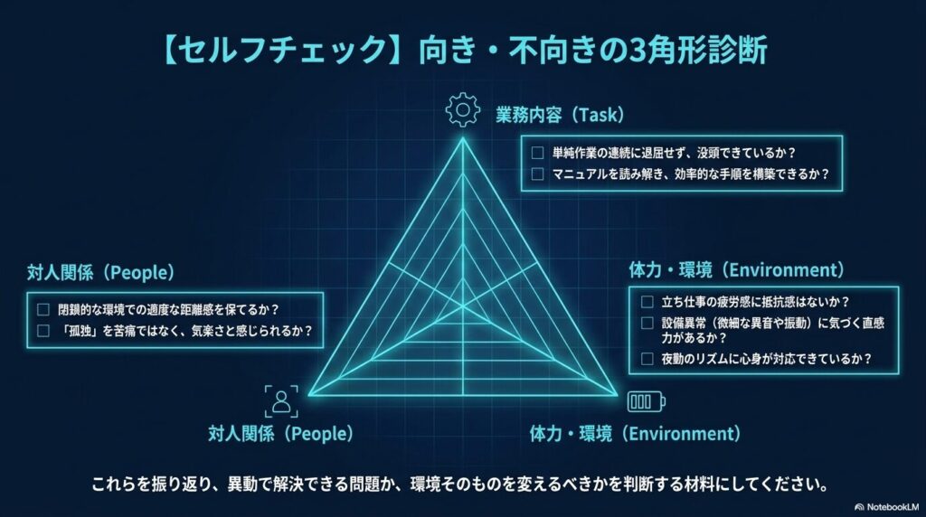 業務内容、対人関係、体力・環境の3軸で工場勤務の向き不向きを診断するセルフチェック用三角形グラフ