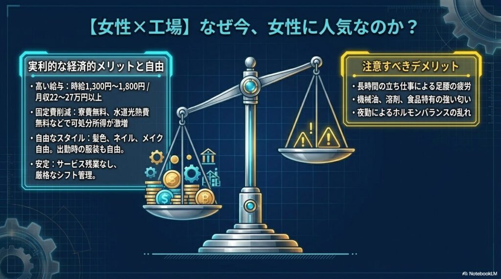 女性にとっての工場勤務の実利的な経済的メリット、自由度、および注意すべきデメリットの解説