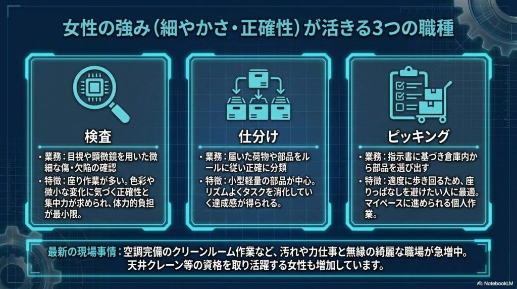 女性の正確性や細やかさが活かせる工場の3つの職種(検査、仕分け、ピッキング)の特徴まとめ