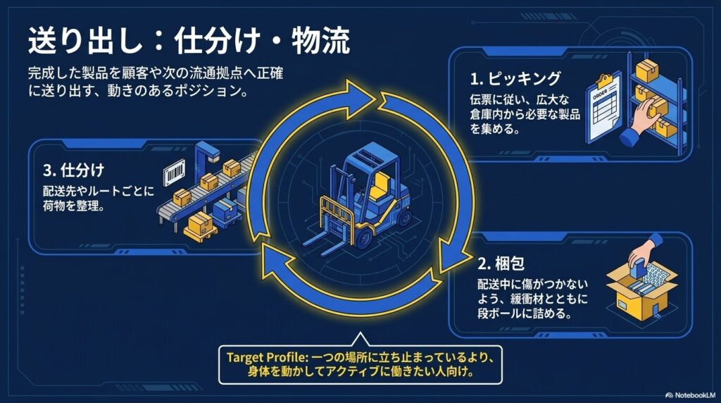 ピッキング、梱包、仕分けといった工場の出荷・物流工程の流れを示す図