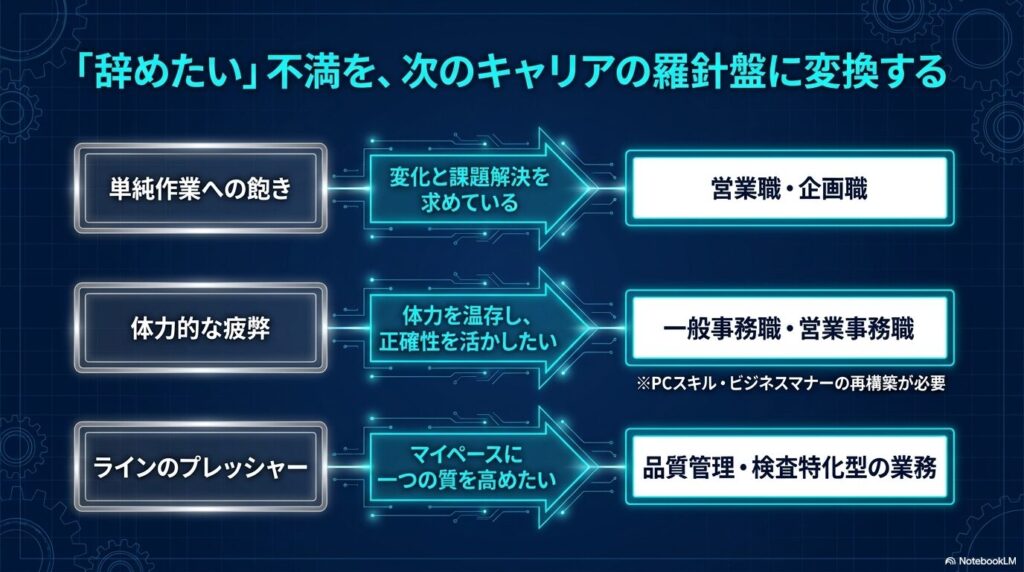 工場勤務の不満(単純作業への飽き、体力的な疲弊など)を営業職や事務職など次のキャリアの条件に変換する羅針盤