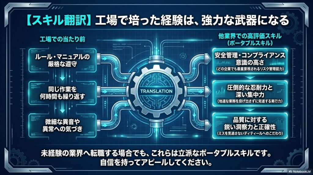 工場での当たり前の業務(ルール遵守、反復作業など)を他業界で評価されるポータブルスキル(コンプライアンス意識、忍耐力など)に翻訳する図解