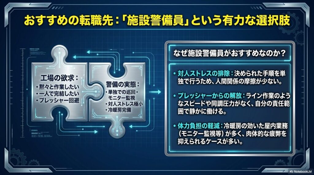工場での欲求(黙々と作業、プレッシャー回避)と施設警備員の実態が見事に合致することを示すパズル図