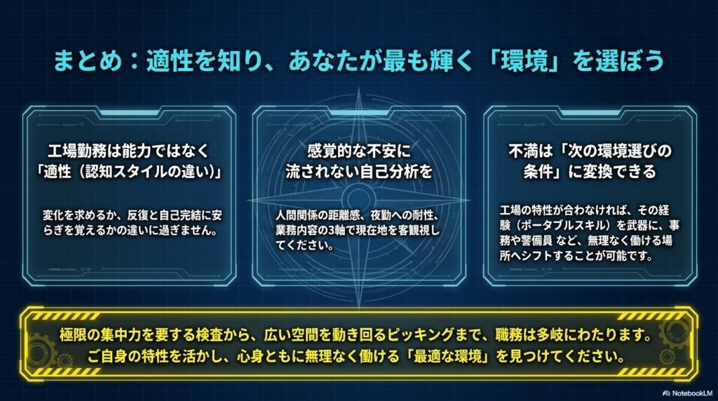 工場勤務は能力ではなく適性であり、不満は次の環境選びの条件に変換できるという記事の全体まとめ