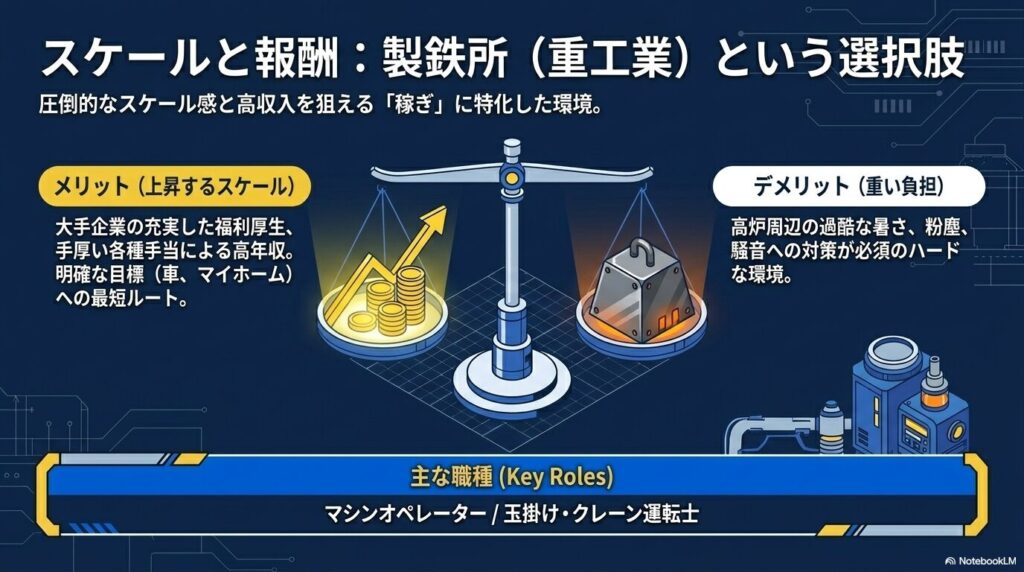 大手企業の福利厚生や高収入が狙える製鉄所勤務のスケール感と過酷な環境の比較図