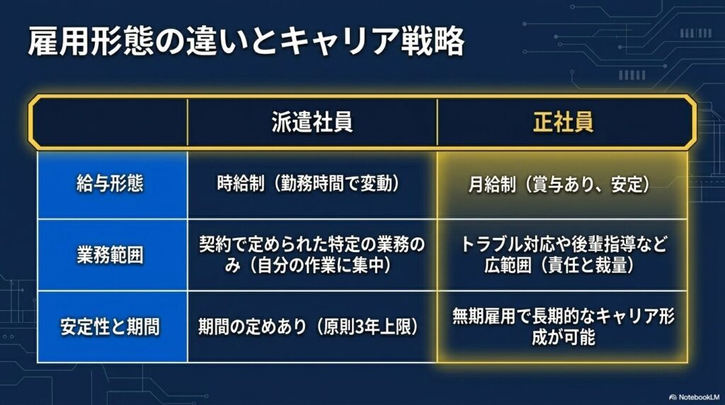 派遣社員と正社員における給与形態、業務範囲、安定性の違いをまとめた比較表