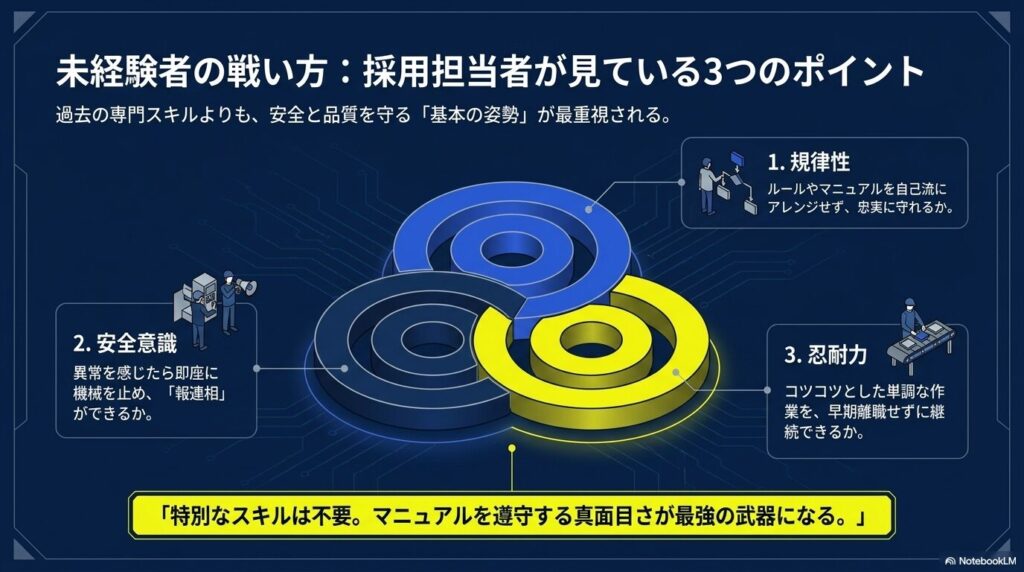 未経験者が工場勤務の採用面接で重視される規律性、安全意識、忍耐力の3つのポイント