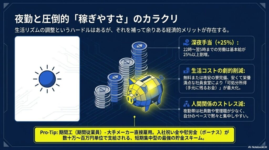深夜手当や生活コストの削減など、工場勤務の夜勤が圧倒的に稼ぎやすい理由の解説図
